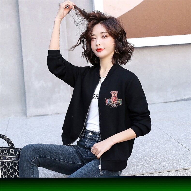 小个子短款棒球服女2025年春秋季新款百搭时尚小熊印花长袖外套,女装短外套,天丽