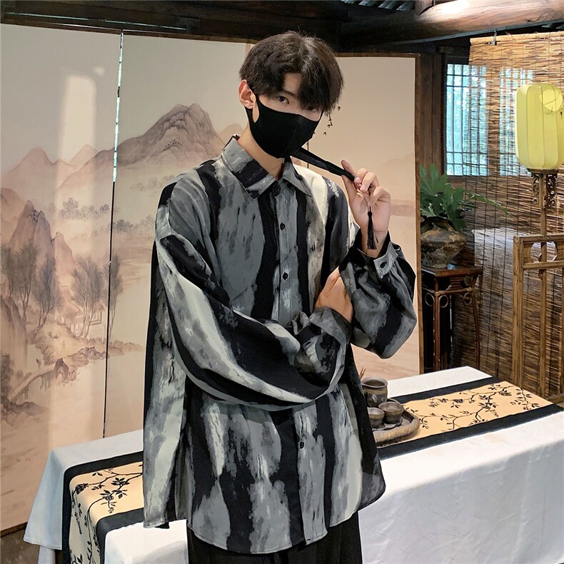 港风冰丝扎染长袖衬衣男大码风潮长袖衬衫男P控68,男装衬衫,星座226-1