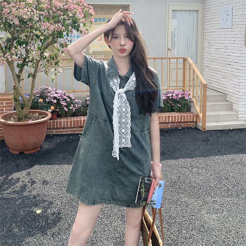 设计感蕾丝披肩短袖牛仔连衣裙女夏季2025新款韩版高级感显瘦裙子,女装连衣裙,2D076