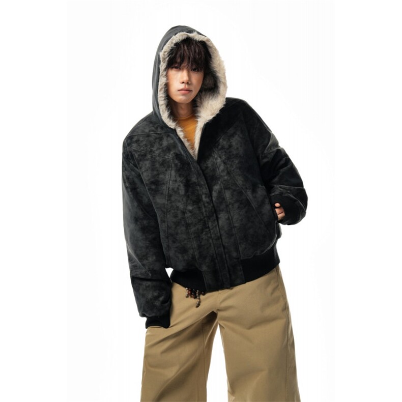 现货荔枝纹皮连帽座山雕PU皮外套加绒皮衣毛领棉衣M6810-P100，男装皮衣，星座307A