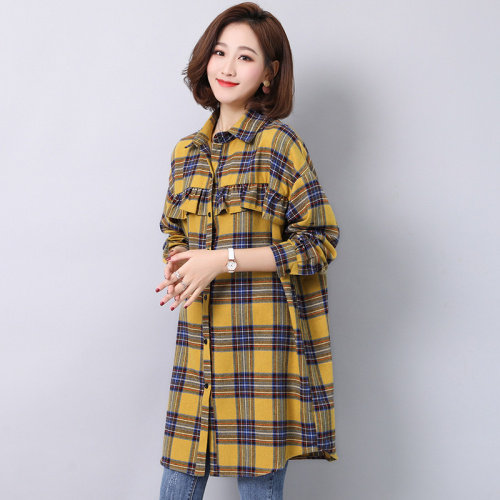 时尚潮流格子衬衫舒适长袖2025年秋季中长款休闲气质木耳边大码，女装衬衫，风姿绰
