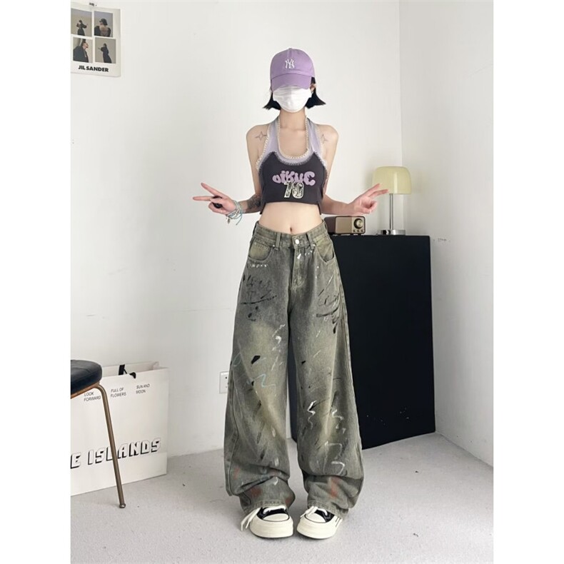 泼漆涂鸦印花牛仔裤男女秋季高腰宽松显瘦直筒阔腿拖地长裤N1880,男装牛仔裤,星座1116A（原606A-3）