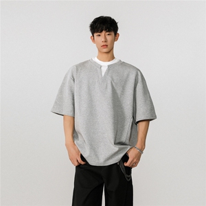 1可二开300G美式假两件亨利领大码M-5XL短袖T恤男78014P45控68图片
