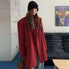 红色毛呢西装外套女高级感2024秋冬新款中长款毛呢西服小个子大衣，女装毛呢外套，2C085