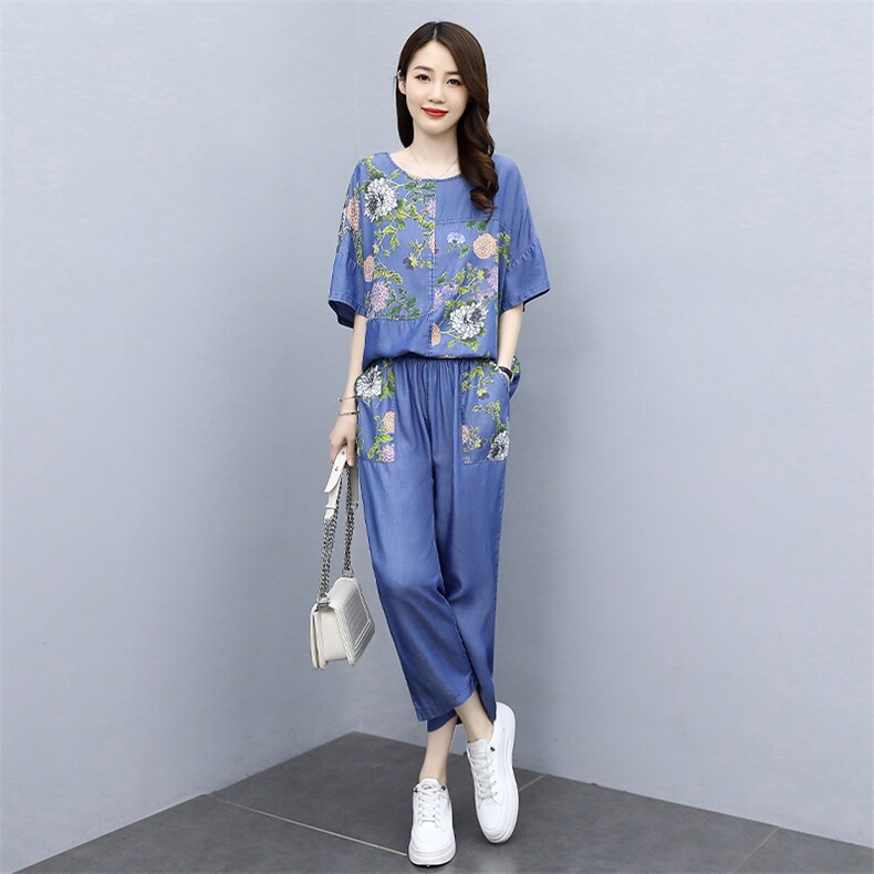 2024夏季新款时尚气质圆领直筒裤腿设计休闲舒适印花两件套,女装套装/套裙,魅影