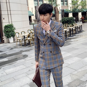 秋冬双排扣西服套装男三件套青年格子韩版修身西装A470-TZ10-P285图片
