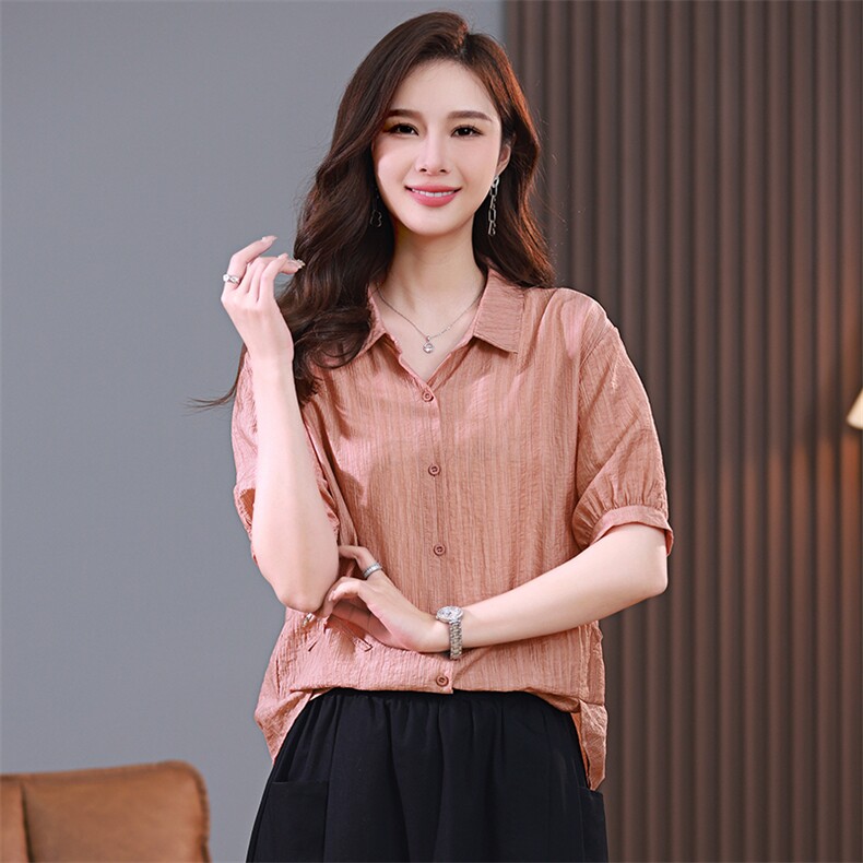 2023年夏设计师新款时尚气质优雅休闲减龄修身透气女神短袖衬衣,女装衬衫,木子恋