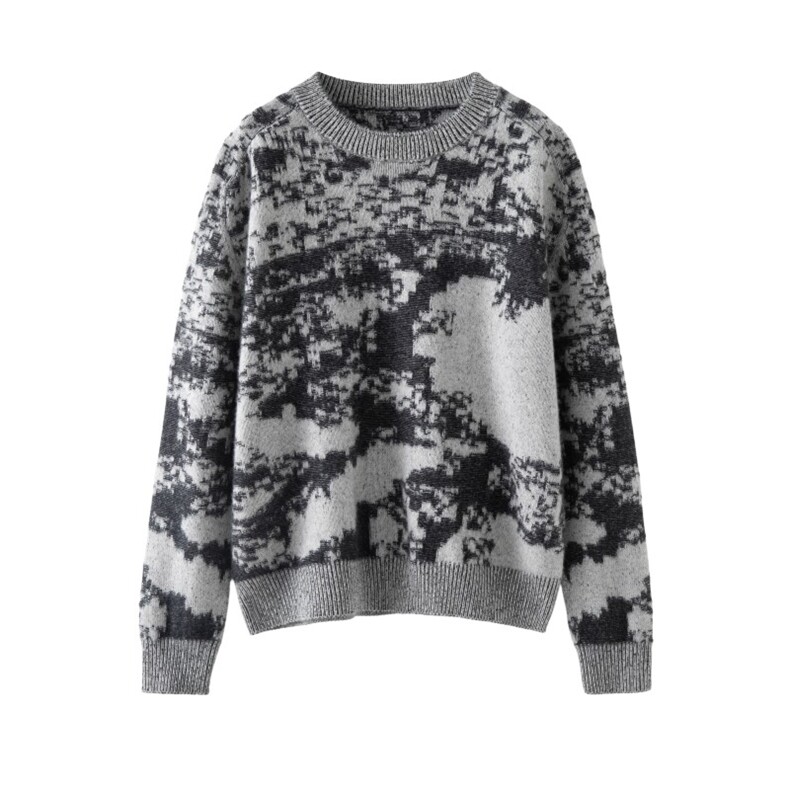 2025年秋季时尚百搭通勤简约水墨画加厚圆领，女装针织衫/毛衣，圣暖羊绒