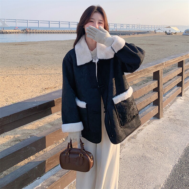 新中式爆款盘扣提花毛毛短外套女2024冬季新款减龄气质加厚棉衣潮,女装派克服,2C305