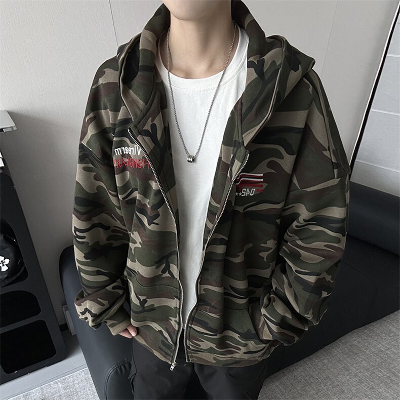 美式迷彩连帽夹克外套男拉链开衫宽松情侣卫衣潮25XJ55262特批85图片