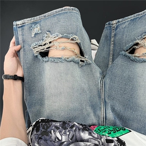 潮牌薄款阔腿宽松痞帅五分短裤高街膝盖破洞水洗牛仔裤男女~NK580图片