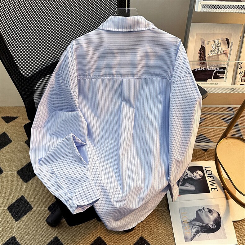 日系条纹长袖衬衫男春秋徽章刺绣内搭宽松衬衣外套CS0121-P33,男装衬衫,星座308B-1