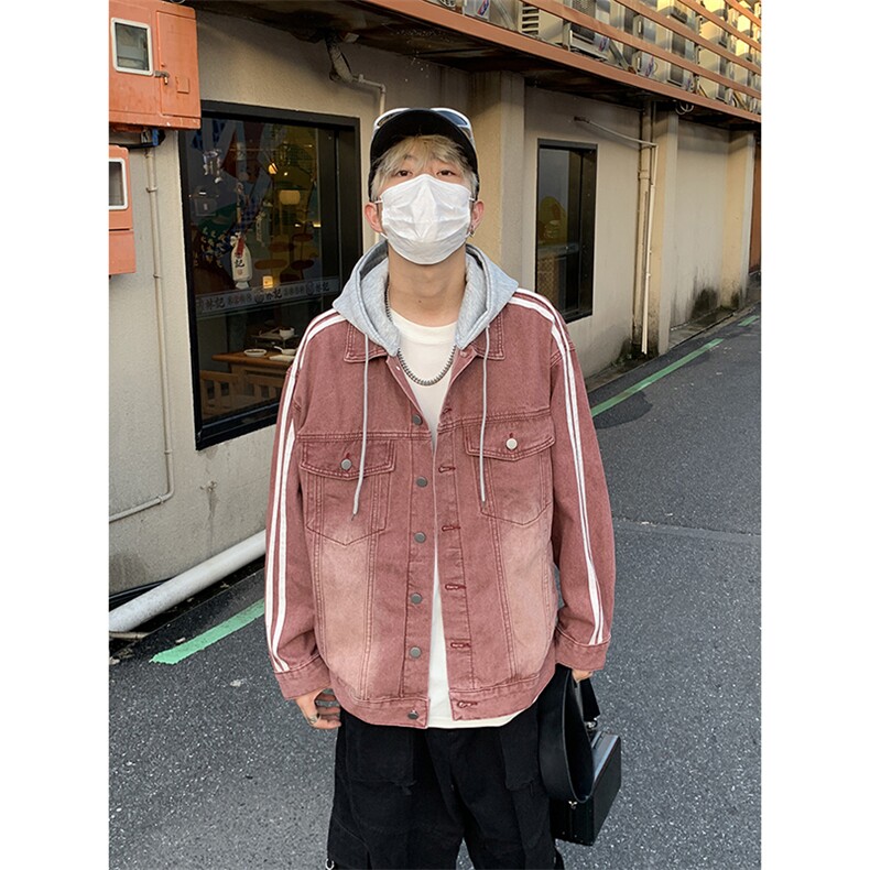 秋季港风情侣条纹连帽夹克外套男帽子可拆卸JK3903-P88图片