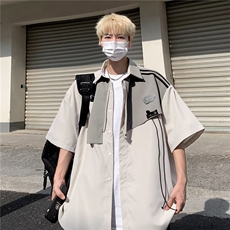 衬衫拼接原宿潮流标准新款男潮简约五分袖夏季W1266-P40，男装衬衫，星座1109-3
