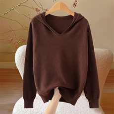 2025年秋季新款时尚百搭简约长袖一线连帽休闲帽衫针织打底上衣，女装针织衫/毛衣，众美斯特