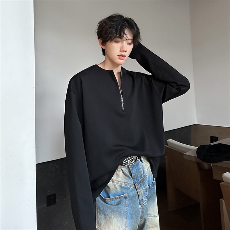 春秋美式复古华夫格半拉链纯色长袖T恤男高级感痞帅宽松百搭卫衣，男装T恤，电商A210A