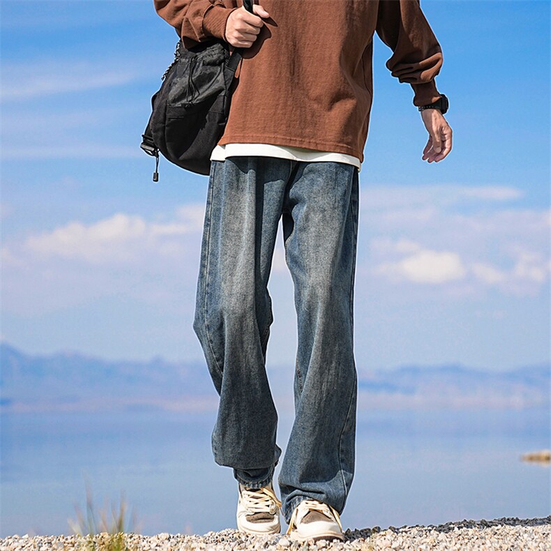 复古蓝直筒牛仔裤男款2025春秋季美式潮牌宽松阔腿裤水洗休闲裤子图片