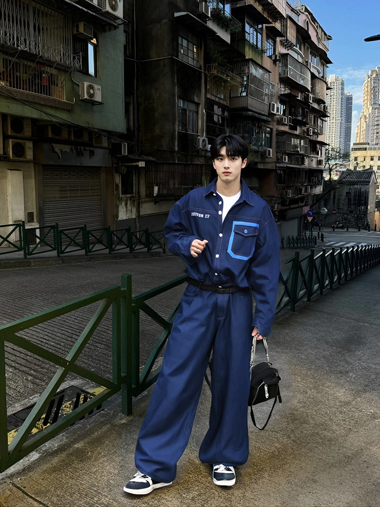 送腰带水洗牛仔连体衣套装班服团服集体服牛仔连体裤,男装休闲套装,星座112A