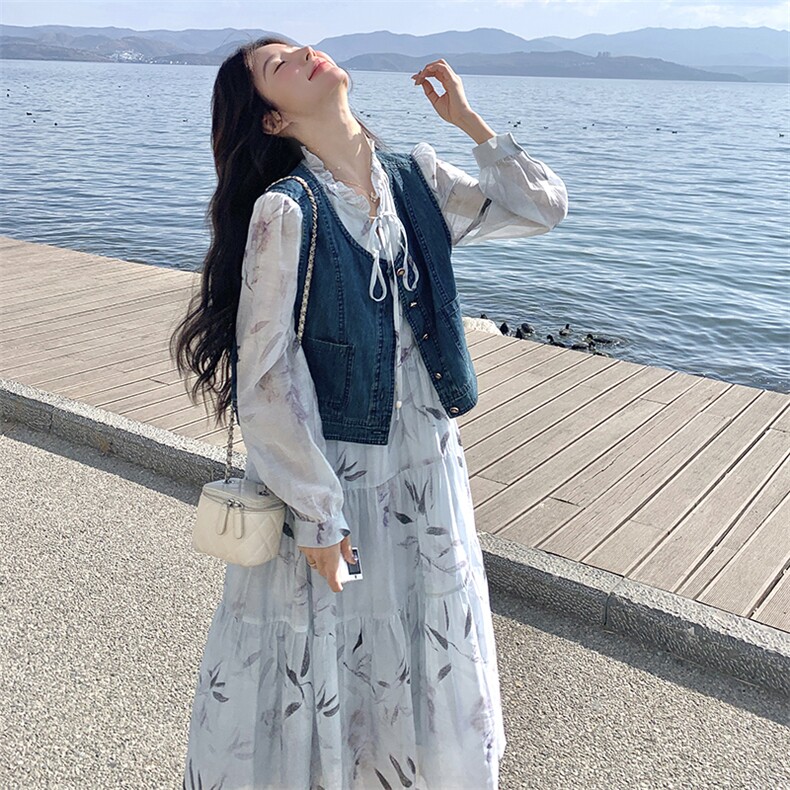 现货-蓝色印花连衣裙+马甲两件套203-8887-P175-K258，女装套装/套裙，浙宝203