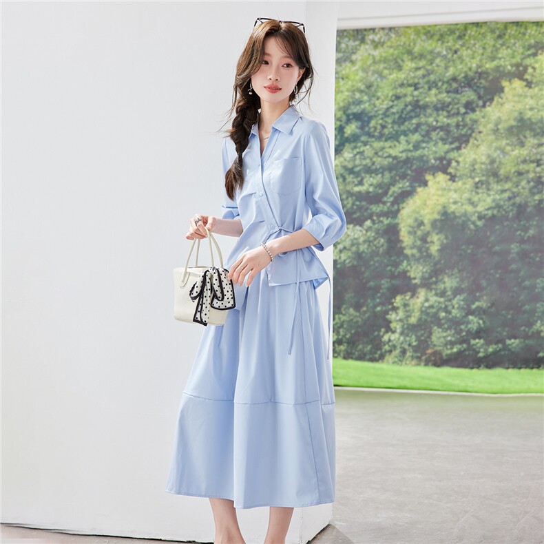 《现货26夏上新》清新蓝色休闲衬衫收腰+半裙两件套裙女,女装套装/套裙,时尚风爆