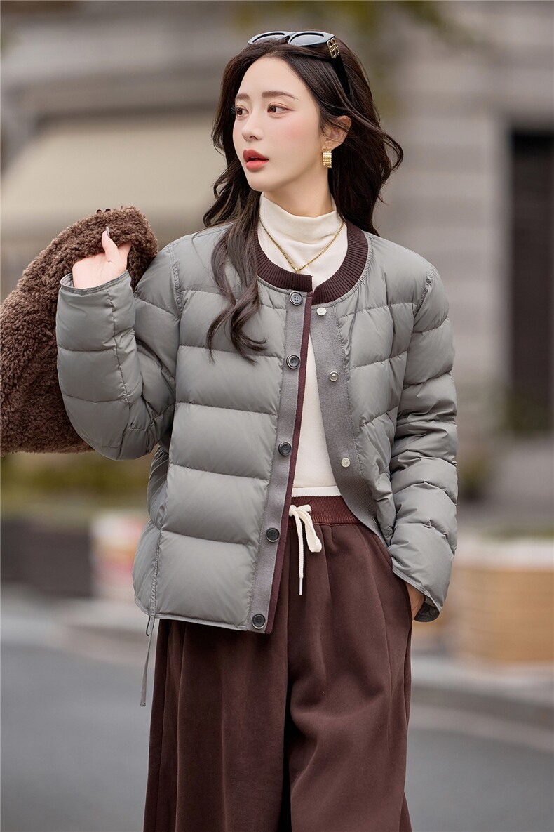 2025冬季新款宽松撞色针织拼接圆领洋气短款羽绒服,女装羽绒服,深水步