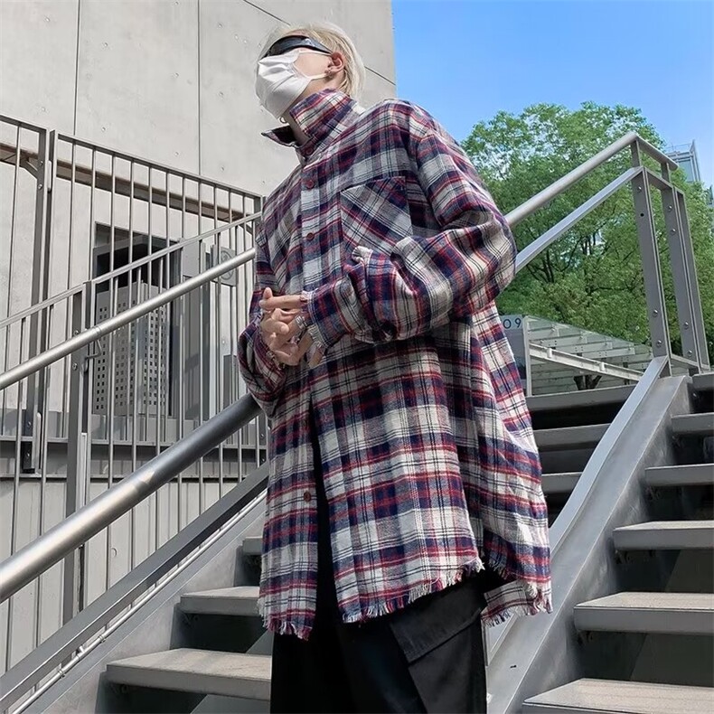 美式复古格子拼色防晒长袖衬衫男外套宽松百搭外穿衬衣C31-2/P48,男装防晒衣,星座506