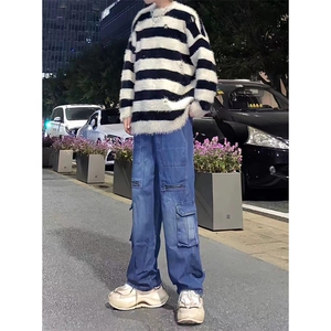 自家图，工装大口袋牛仔裤男秋冬微喇叭复古水洗裤子-KZA43-P68图片