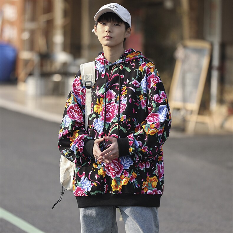 W203春秋新款男女团队服大花连帽卫衣外套潮民族特色花卫衣情侣装,男装卫衣,星座115A(原星座507）