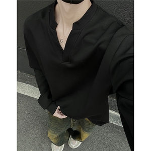 主推 慵懒风亨利领长袖V领中性卫衣外套打底衫男 H1007 特P33图片