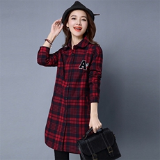 网红款加绒加厚格子衬衫女春秋季新款长袖韩版中长款宽松百搭外套，女装风衣，鑫鑫格