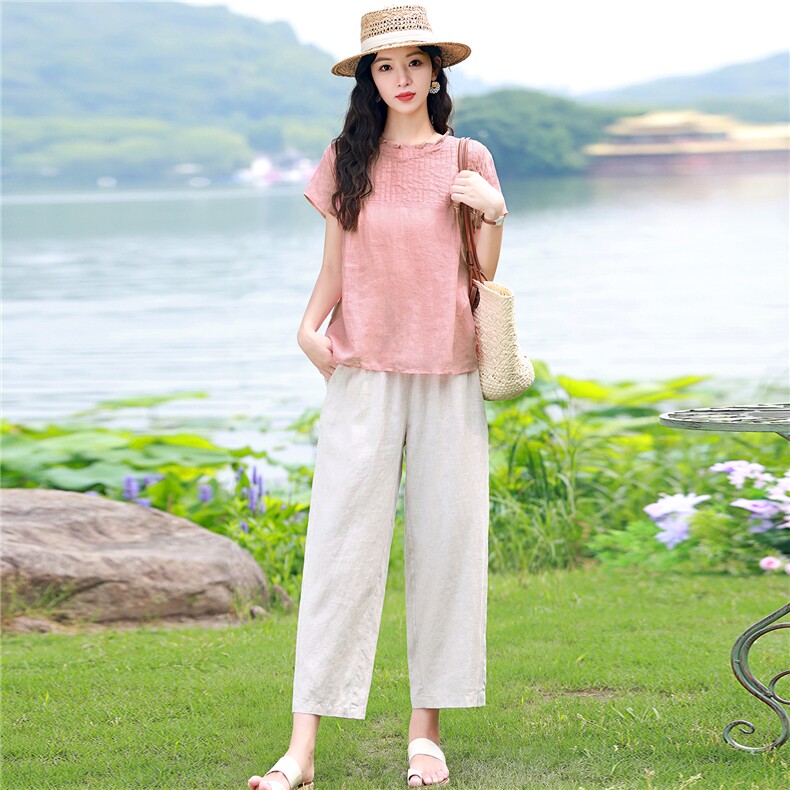 棉麻套装女2026夏季新款中年妈妈洋气减龄苎麻衬衫休闲两件套,女装套装/套裙,独衣靓