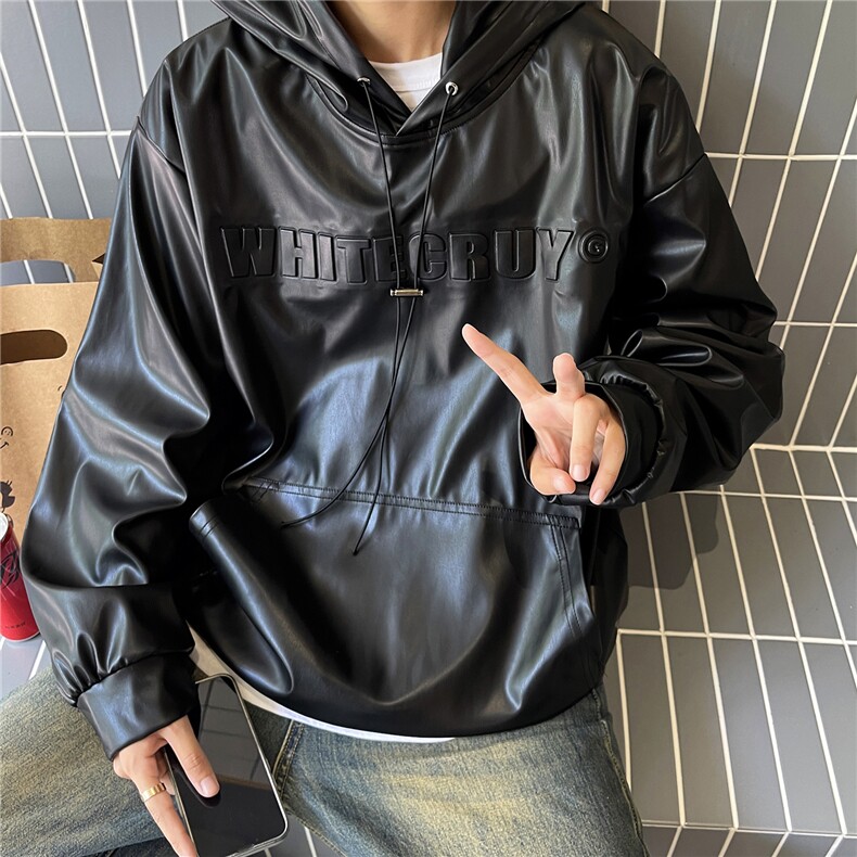 港风秋装潮美式复古压印立体情侣卫衣PU皮衣外套男女G1066P78,男装皮衣,电商A339