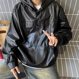 港风 秋装潮美式复古压印立体情侣卫衣PU皮衣外套男女G1066 P78图片