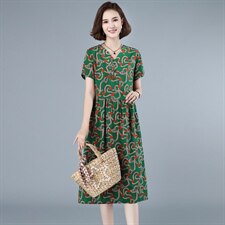 2021年夏季中长款A字裙通勤印花民族风韩版短袖套头花色连衣裙，女装连衣裙，伊满意