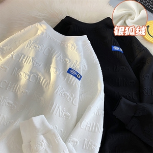 秋冬港风ins圆领卫衣男小熊提花外套加肥加大码大码胖子男装外套图片