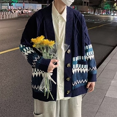 秋季撞色针织衫提花毛衣外套男开衫慵懒风百搭宽松上衣M594-P54，男装针织衫/毛衣，星座512-2