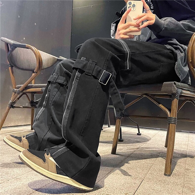 高街风绑带牛仔裤痞帅炸街拉链机能微喇叭牛仔裤KJ09P40,男装牛仔裤,星座1116-2