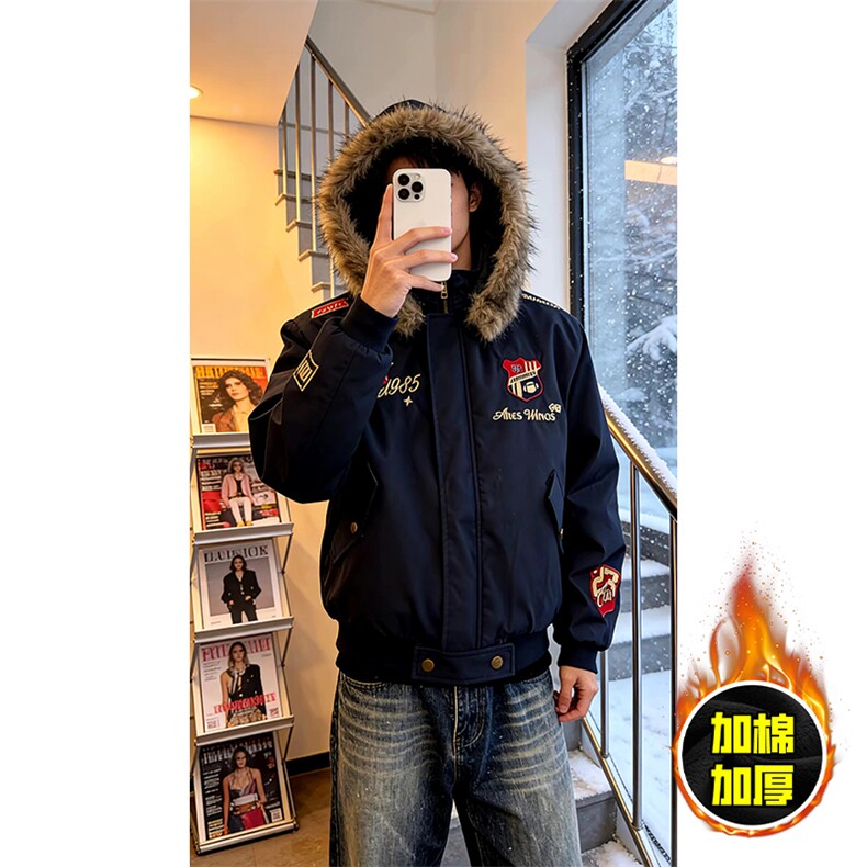 现货高品质美式高街重磅刺绣座山雕大毛毛领棉衣男女加厚棉服外套，男装棉衣，电商A486-1
