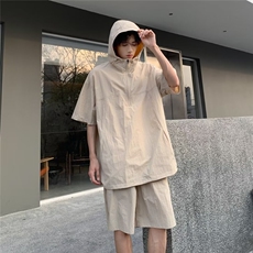 夏季男士日系风套装工装款短袖短裤休闲宽松外套衬衣薄款连帽，男装牛仔裤，星座1013