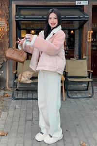 粉色羽绒服女冬温柔甜美皮毛一体羊羔毛拼接短外套6101p235K368图片