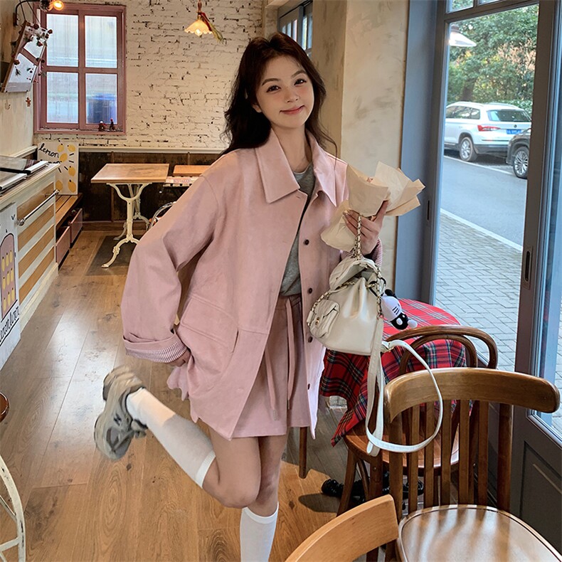 粉色单排扣格纹拼接外套两件套女春2025新款甜酷风宽松百褶裙套装,女装套装/套裙,2C120