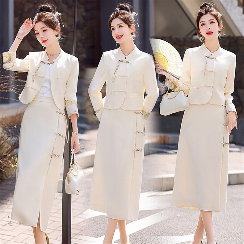 米白色新中式套装裙女春季新款超好看盘扣上衣开叉半身裙两件套潮，女装套装/套裙，兰菲阁