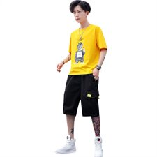 有版权纯棉原创小熊套装圆领T恤潮免搭工装短裤假两件T766-P58，男装套装，星座1206（原A206）