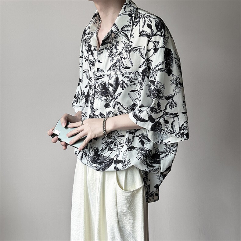 现货高品质印花短袖衬衣男潮牌冰丝花衬衫A351-AC25607-p48控89,男装T恤,电商A351