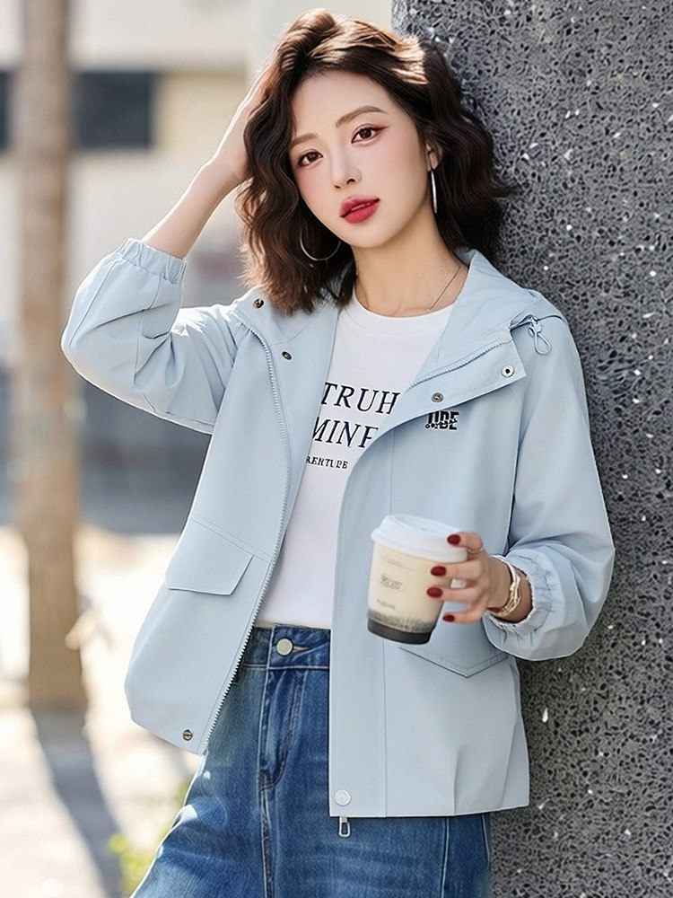 （现货）休闲时尚外套女百搭小个子风衣连帽短款上衣,女装短外套,韩蔻秀