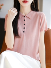 POLO翻领短袖针织T恤女2025夏薄款新款精纺薄款打底小衫t恤衫上衣，女装针织衫/毛衣，暖烁特种纱工厂店