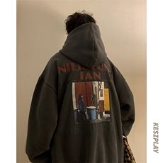 HD1445-TP75-控价98冬季加绒连帽卫衣加厚男港风复古大印花外套，男装卫衣，电商A102-1