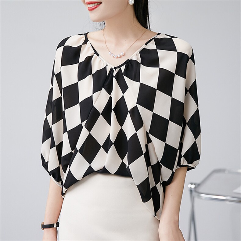 法式气质系带V领泡泡袖复古法式衬衫上衣女夏，女装蕾丝衫/雪纺衫，美吧服饰