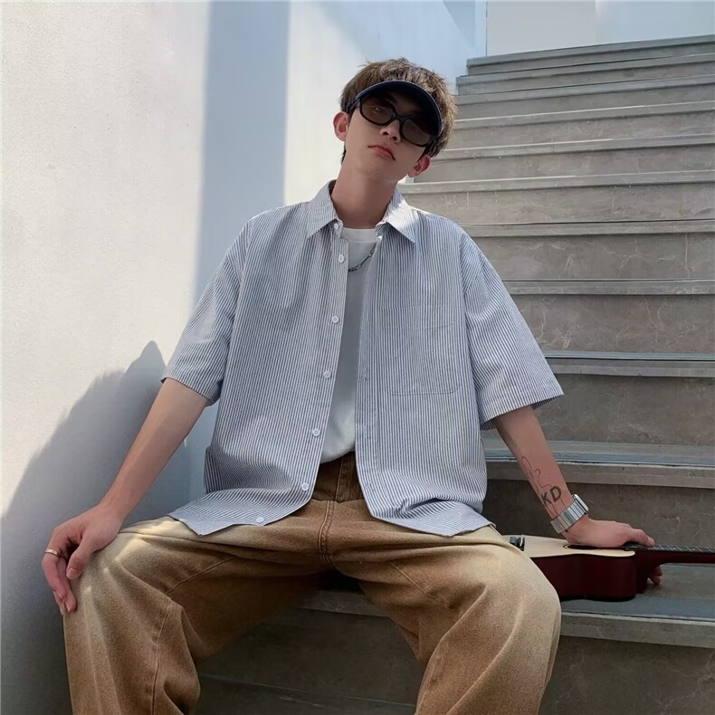 日系蓝条纹短袖衬衫男潮牌少年感宽松休闲衬衣港风上衣外套,男装T恤,星座601-1