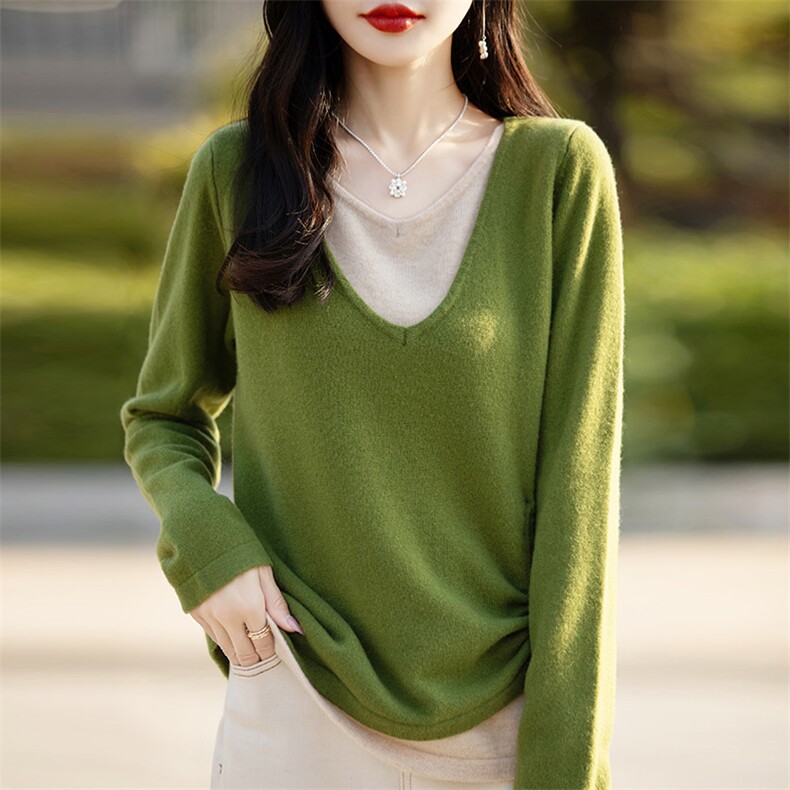 V领拼色100%纯羊毛开衫女假两件抽绳长袖气质毛衣宽松羊绒衫上衣,女装羊毛衫,琳尚羊绒